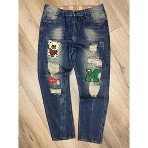 Jeans Mens 36x30 Blue Straight Distressed Cartoon Bear Skate Baggy Patch Denim